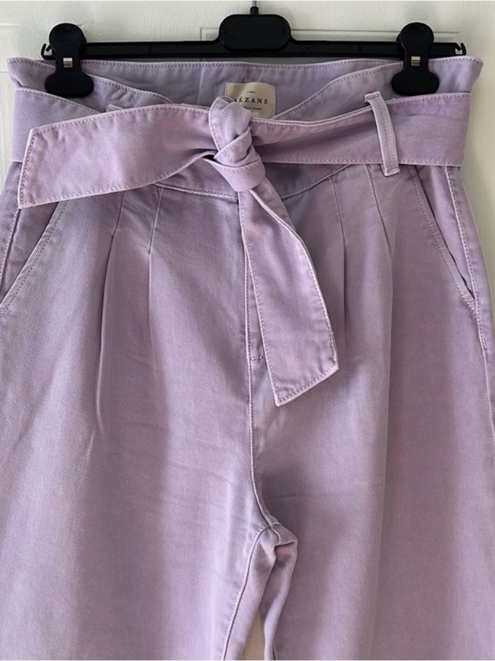 Sezane Lilac Paperbag Waist Wide-Leg Pants with Tie Belt